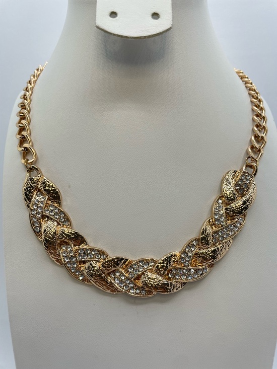 Unsigned Jewelry - Gold Tone Braided Chain Necklace Crystal Rhinestone Statement Adjustable Link